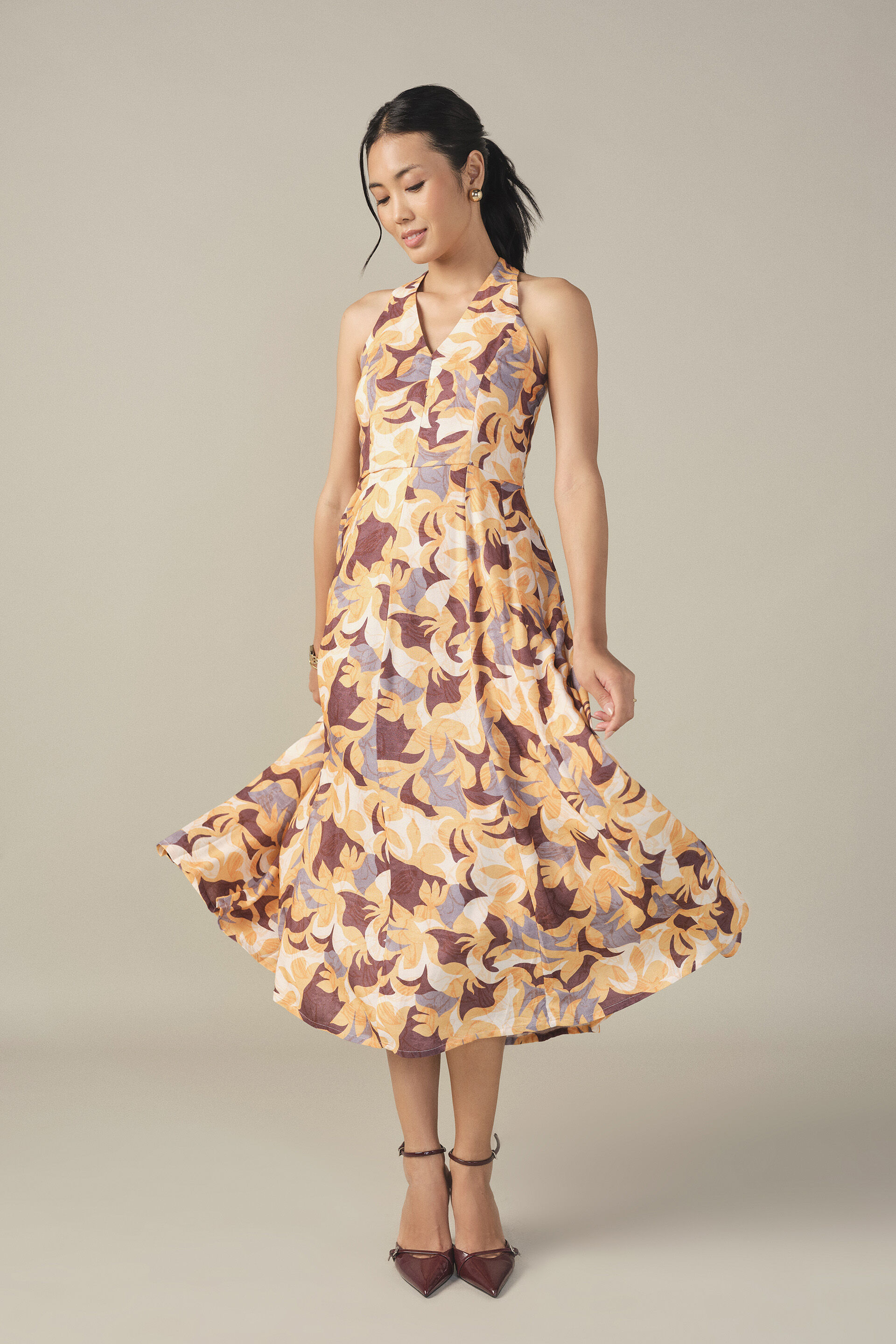 Abstract Printed Midi Dress in Mustard, Multi Color, image 3